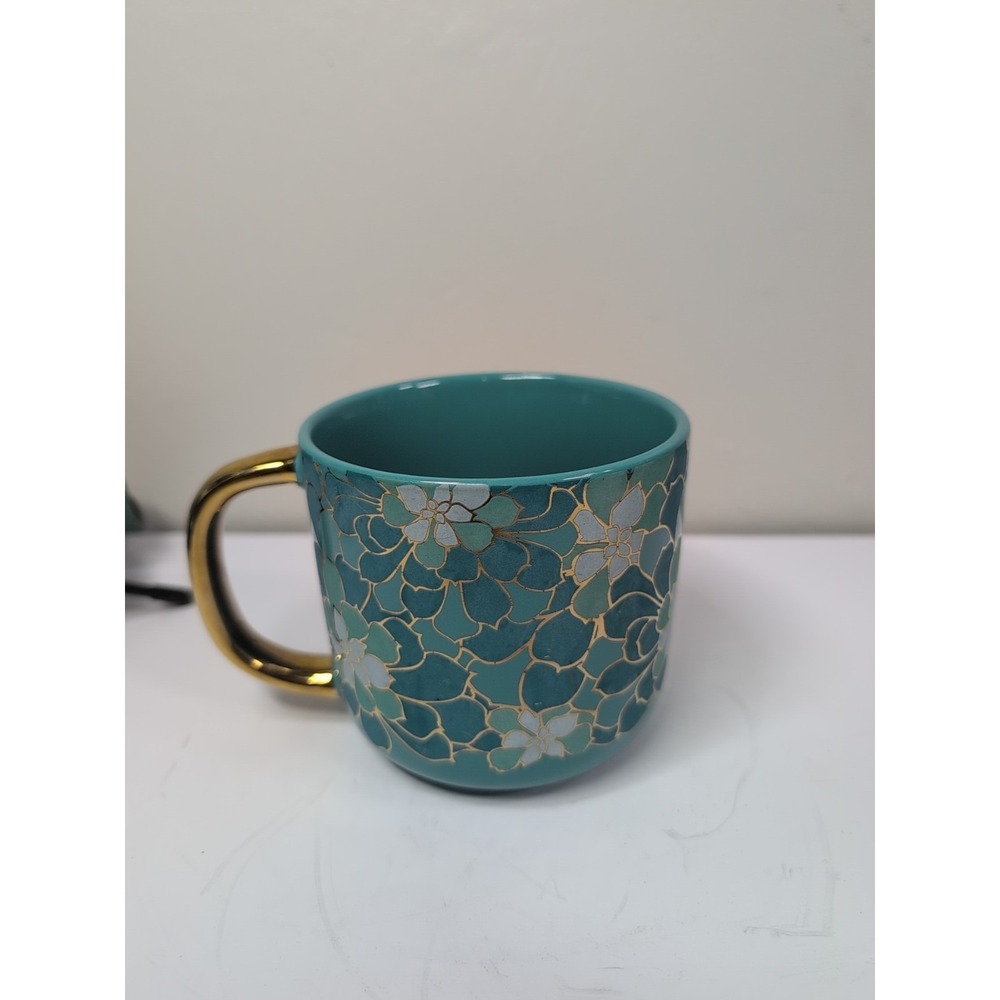 Thyme & Table Drinkware Teal & gold Succulent Stoneware Coffee Tea  Mug Cup‎